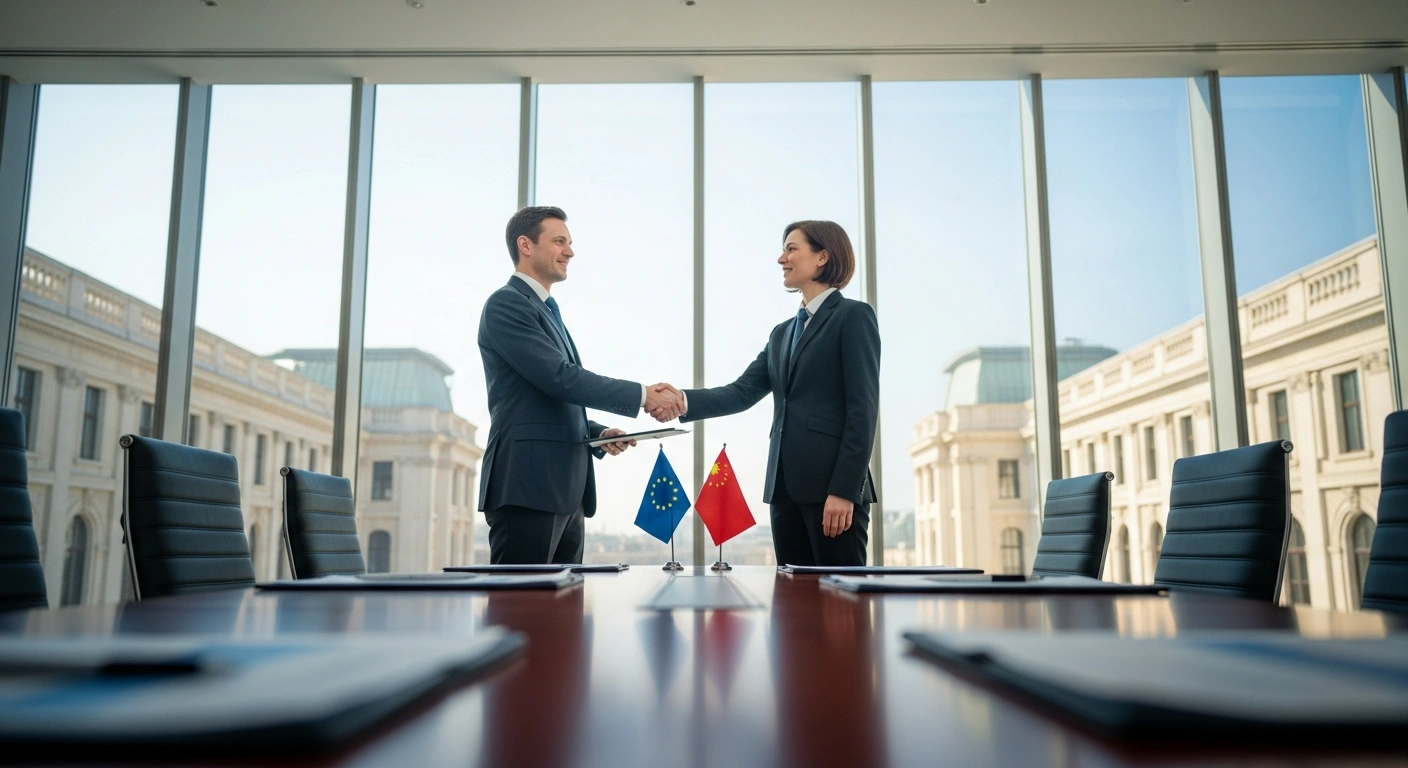 Yuri Karayev and a Chinese official shake hands to symbolize the expansion of economic and interregional cooperation between the Grodno region of Belarus and China.