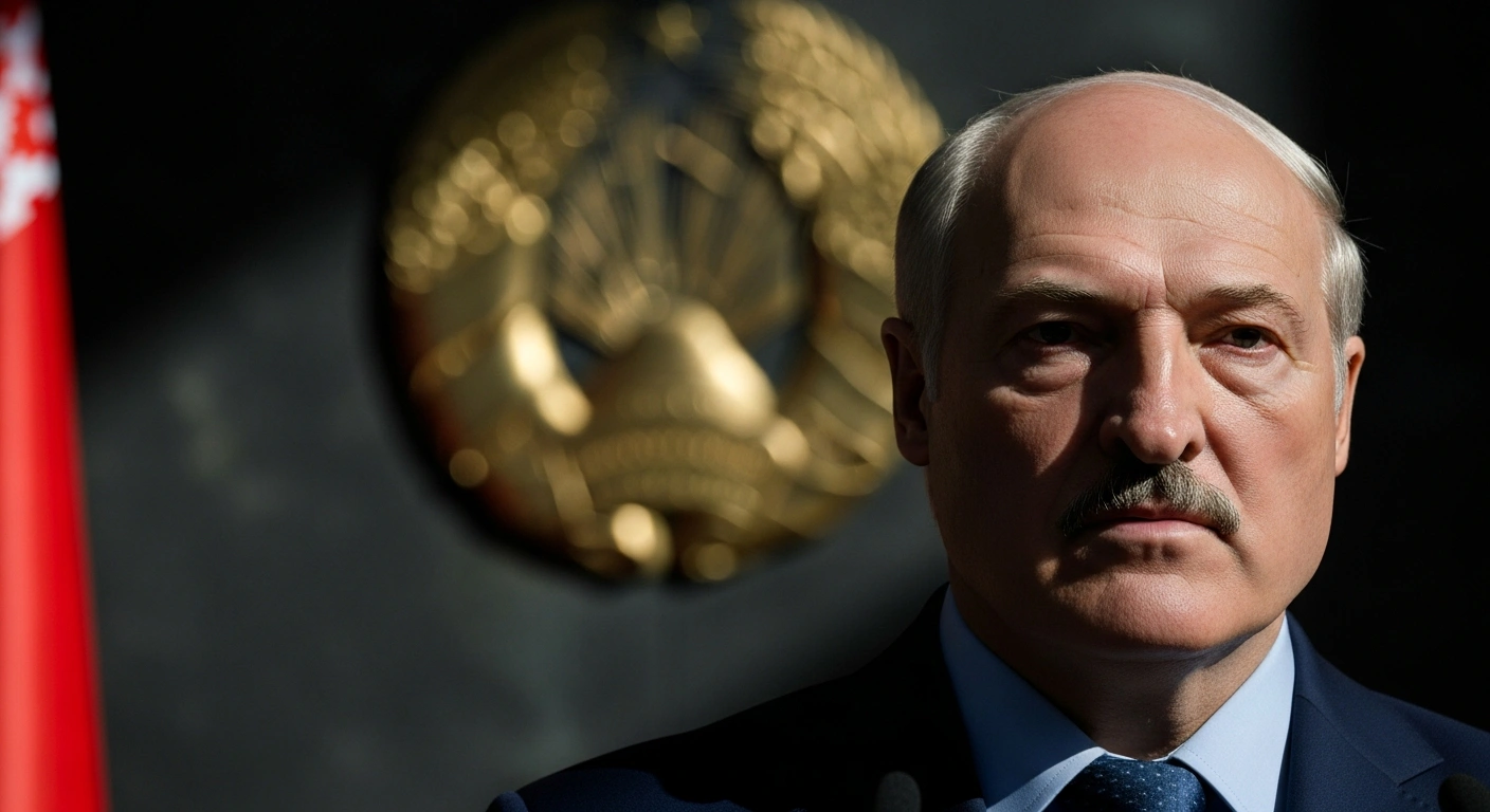 A medium close-up shows Belarusian President Alexander Lukashenko with a grim expression, illuminated by stark, low-key lighting against a dark, out-of-focus background, conveying a sense of condemnation and resolve regarding reported US military strikes against Venezuela and the capture of President Nicolás Maduro.