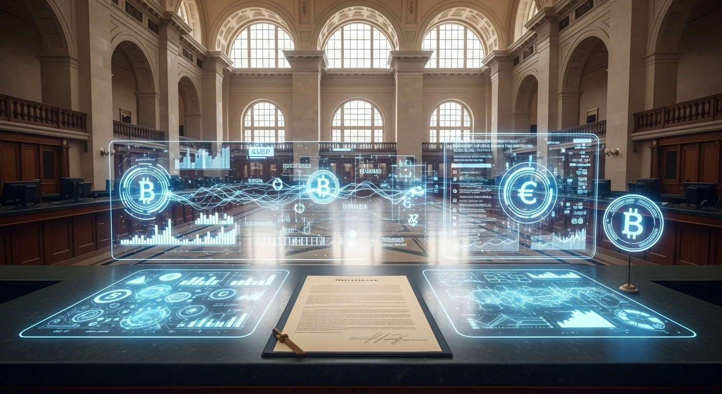 A visual representation of Belarus's new legal regime for cryptocurrency banking, showing the integration of traditional banking services with digital token operations under Decree No. 19, aiming to boost cross-border payments and establish Belarus as a financial IT hub, with oversight from the National Bank and High-Tech Park.