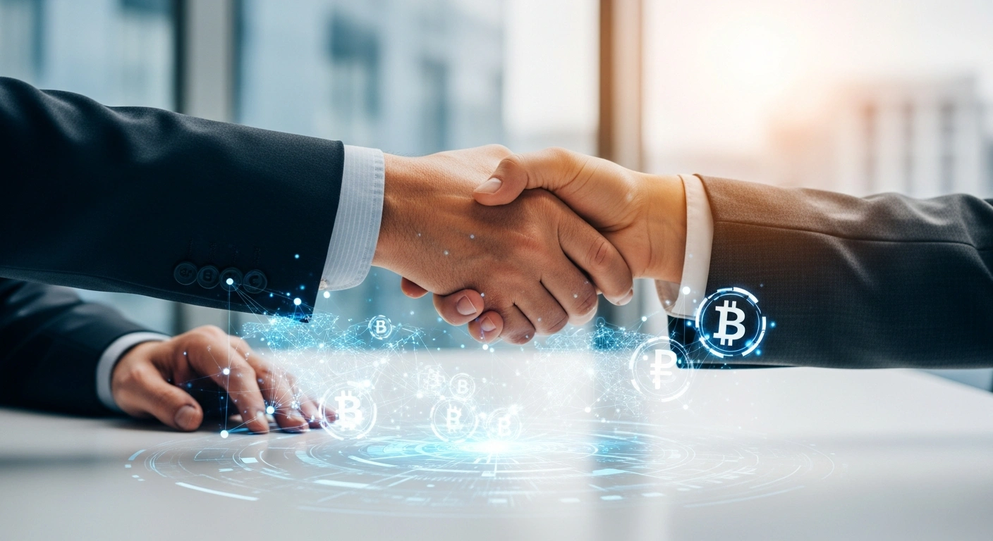 A symbolic handshake between an older, traditional hand and a younger, tech-savvy hand over a table reflecting holographic digital currency symbols and global connections, representing Belarus's integration of cryptobanks and digital assets into its financial system for cross-border payments.