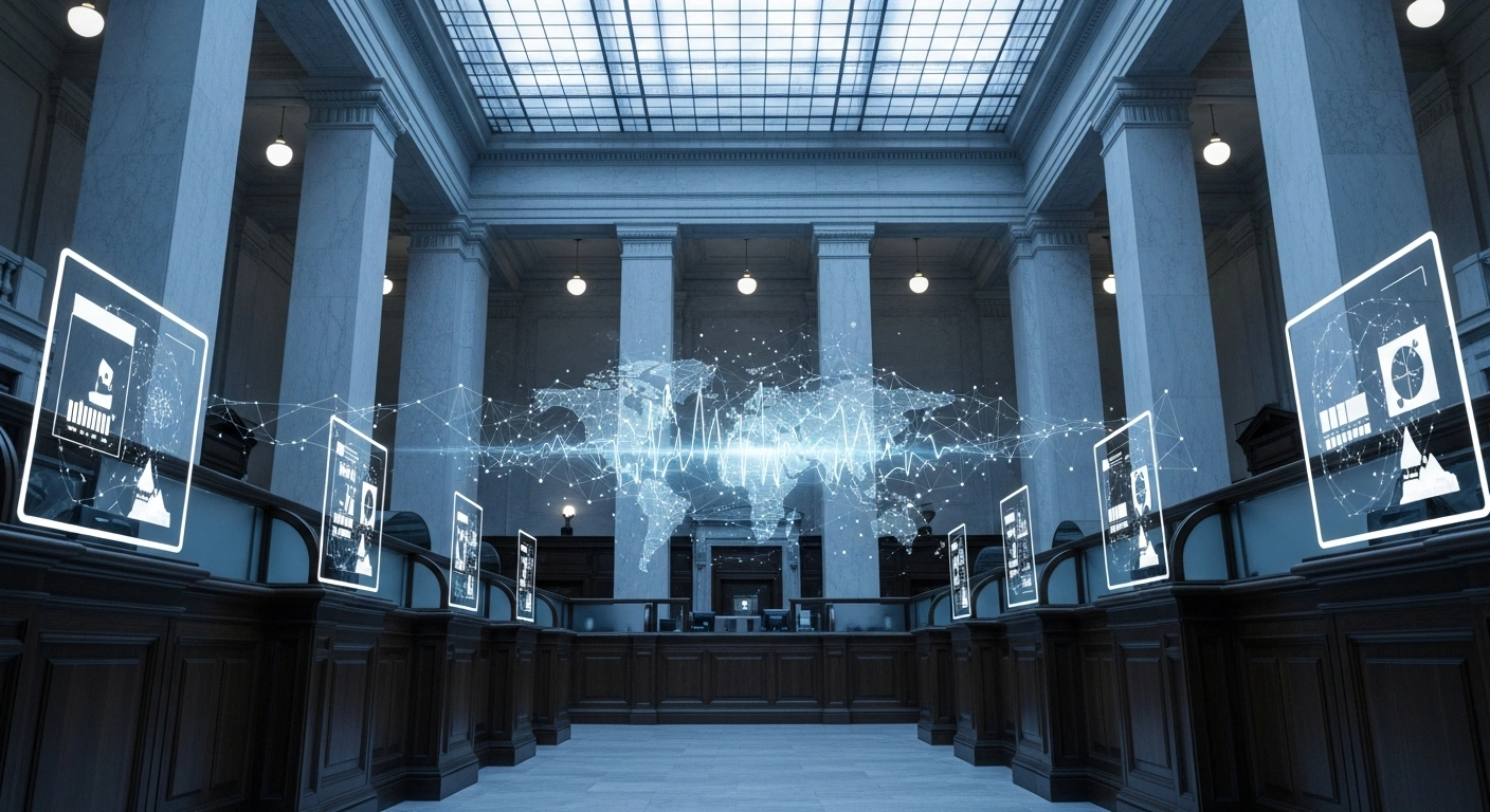 A grand, modern bank hall features neoclassical architecture seamlessly integrated with glowing digital interfaces and a central holographic projection of a global network, symbolizing Belarus's new dual-regulated cryptobank framework combining traditional banking with digital token operations under the High-Tech Park and National Bank oversight.