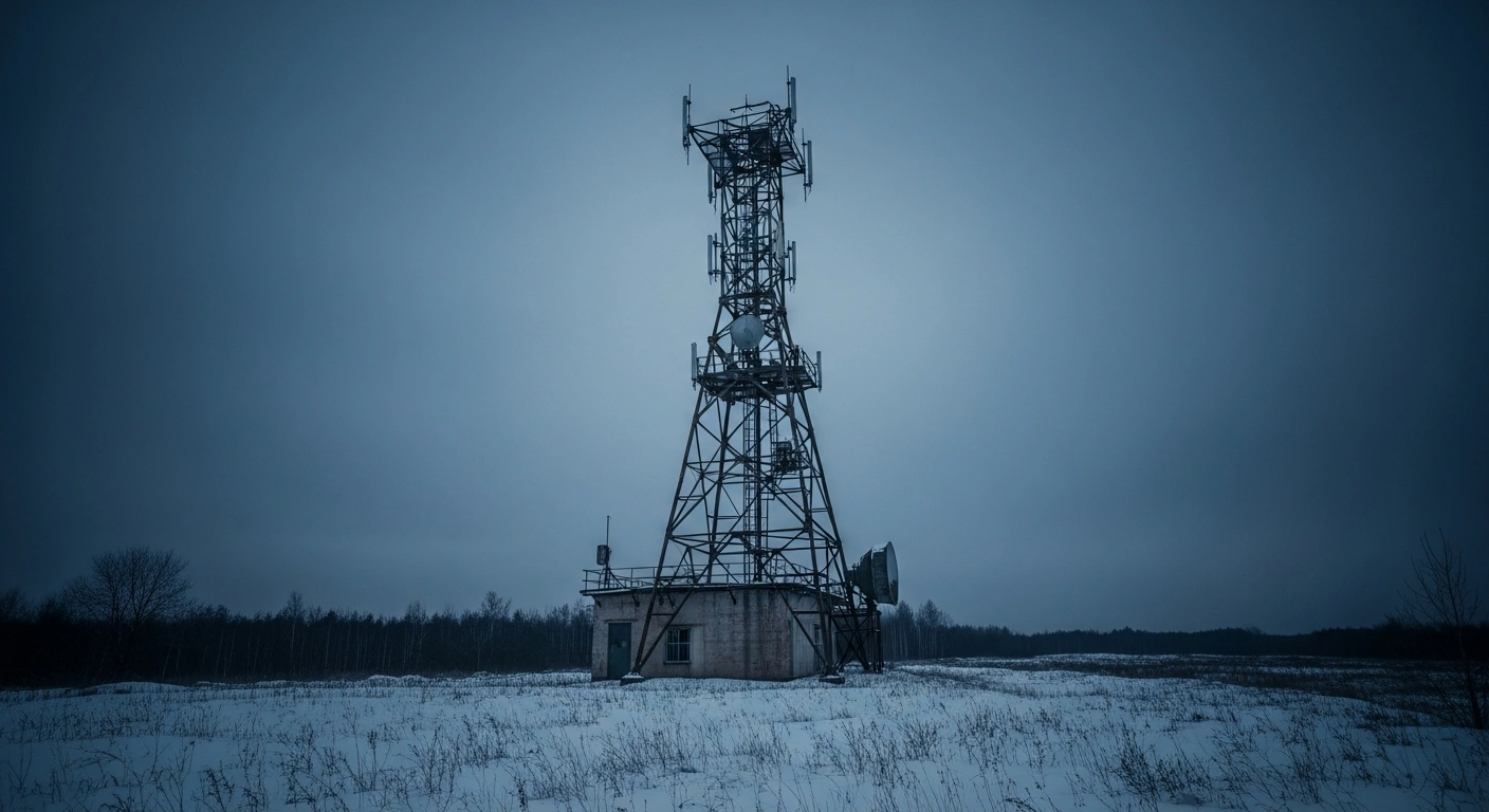 An abandoned telecommunications tower stands in a desolate field in Belarus, marking the cessation of Russian drone coordination signals.