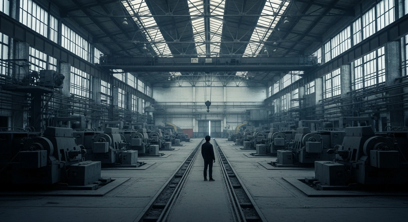 A wide shot of a dimly lit, desolate factory floor in Belarus with dormant machinery and a lone, contemplative figure, symbolizing the country's economy expanding by only 1.3% and missing its 4.1% target due to manufacturing contraction and reduced demand from Russia.