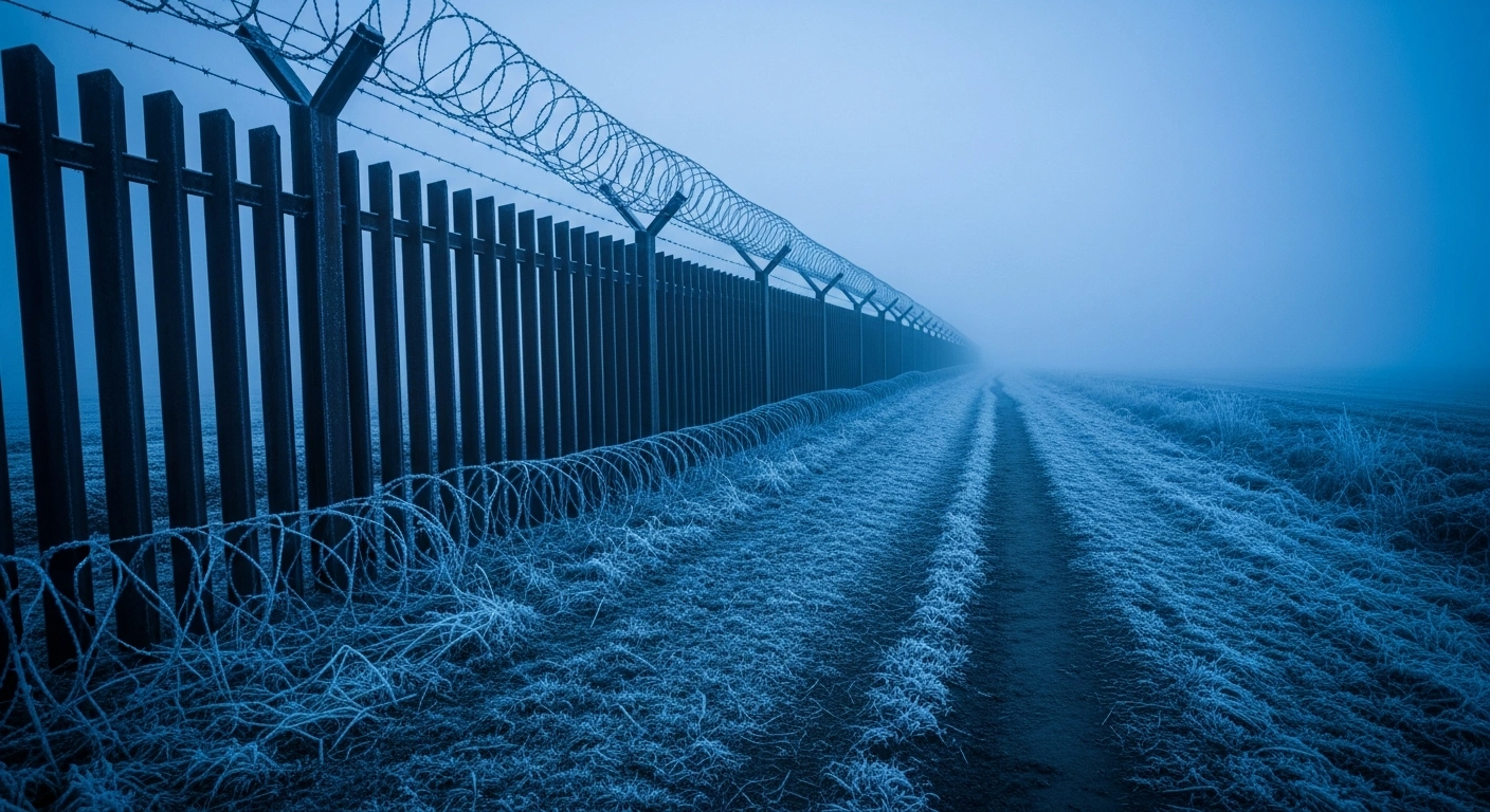 A desolate border fence stands in a cold, misty landscape representing the humanitarian tensions between Belarus and the European Union.
