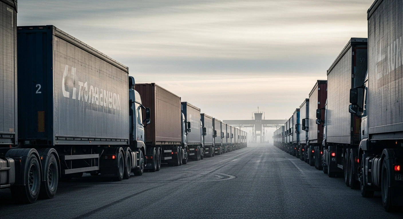 A line of freight trucks waits at a border crossing between Belarus and the European Union during a meeting between authorities and logistics carriers.