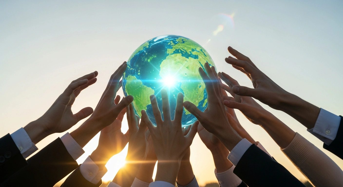 A visual representation of diverse hands reaching towards a glowing orb, symbolizing the Clean Energy Ministerial Future Fuels Action Plan endorsed by Belarus and 22 other nations at COP30 in Belém, Brazil, aiming to accelerate the global transition to sustainable fuels by 2035.