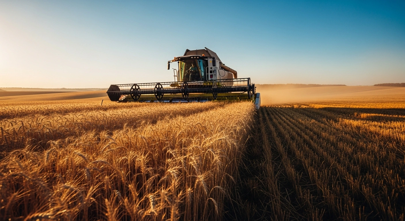A modern combine harvester works in a golden wheat field in the Gomel region of Belarus during the 2026 harvest season.