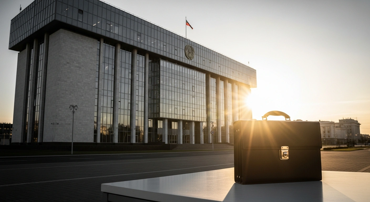 A wide, cinematic shot of a modern government building in Minsk, illuminated by a rising sun, with a polished executive briefcase on a reflective table in the foreground, symbolizing Belarus's plan to offer citizenship to foreign investors to attract capital and stimulate its economy amidst international sanctions.