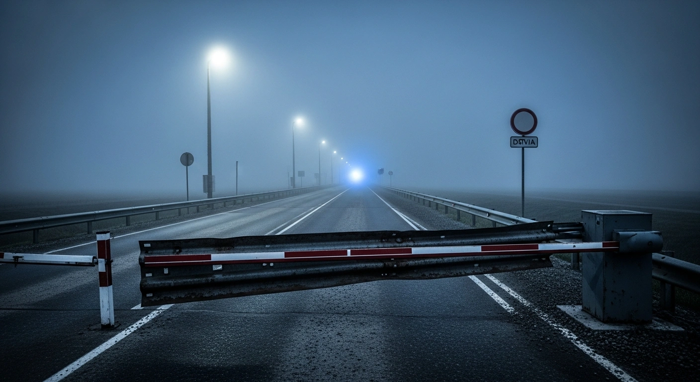 A desolate border crossing between Belarus and Latvia features a partially open steel barrier under the cold light of a security lamp.
