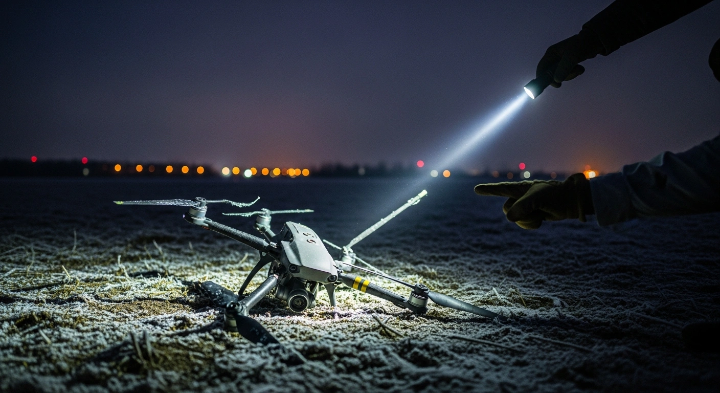 A mangled drone with twisted rotors lies half-buried in a desolate, frost-bitten field under a cold, moonlit sky, illuminated by a tactical flashlight, as a gloved hand points accusingly, representing the alleged drone provocation between Belarus and Lithuania and their escalating strained relations.