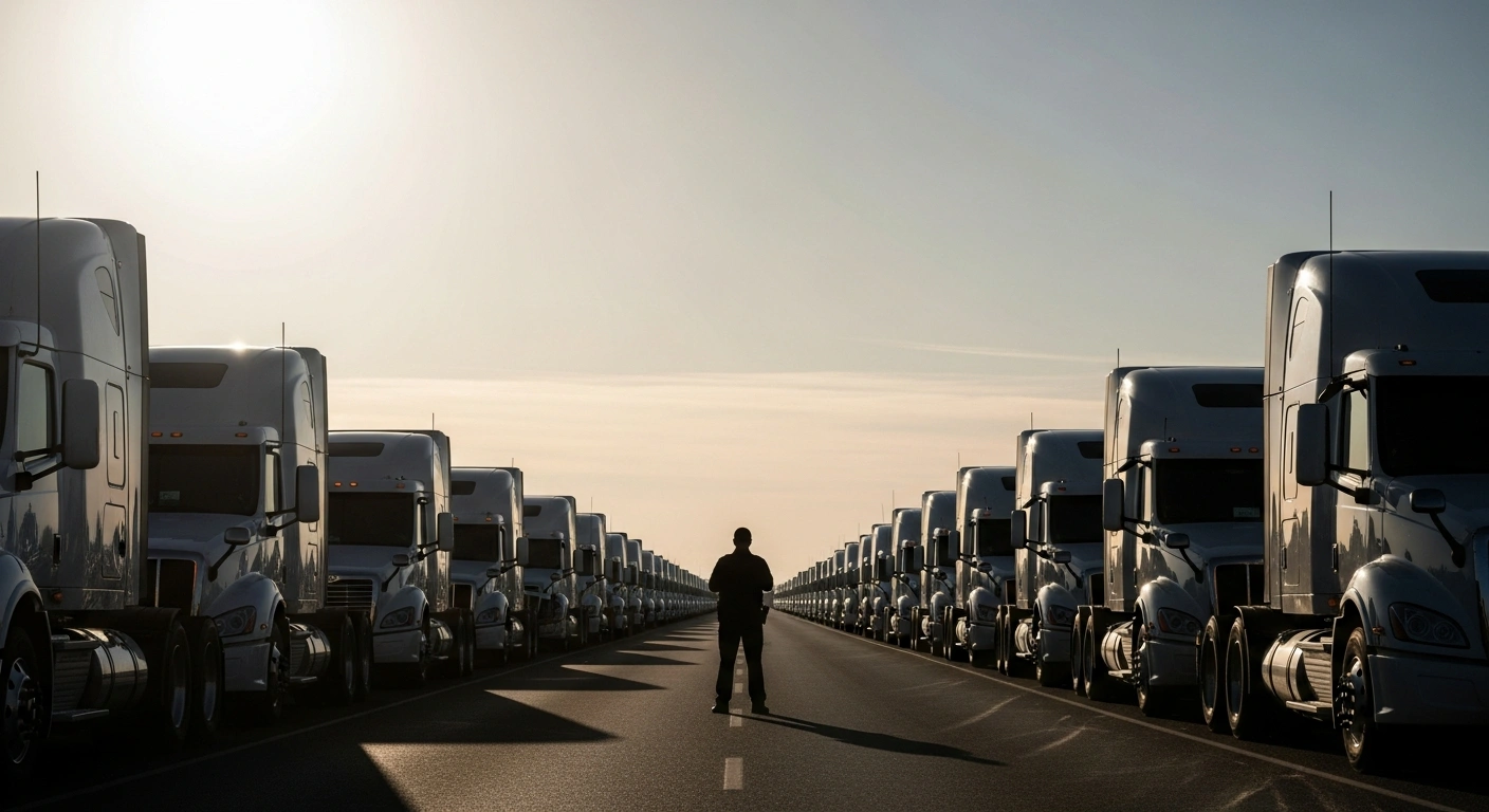 A wide, low-angle shot depicts numerous semi-trucks stranded in a desolate landscape under a harsh, setting sun, with a silhouetted figure in the foreground symbolizing the Belarusian-Lithuanian border dispute and the threat of vehicle confiscation.