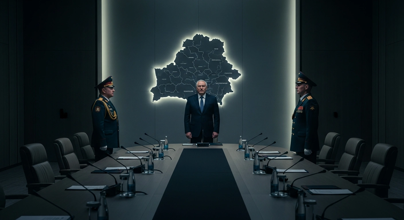 A wide, cinematic shot depicts Belarusian President Alexander Lukashenka standing at a dark conference table, addressing two military officers in a dimly lit room, symbolizing the recent personnel changes within the State Secretariat of the Security Council and the ongoing inspection of the Belarusian army's combat readiness.