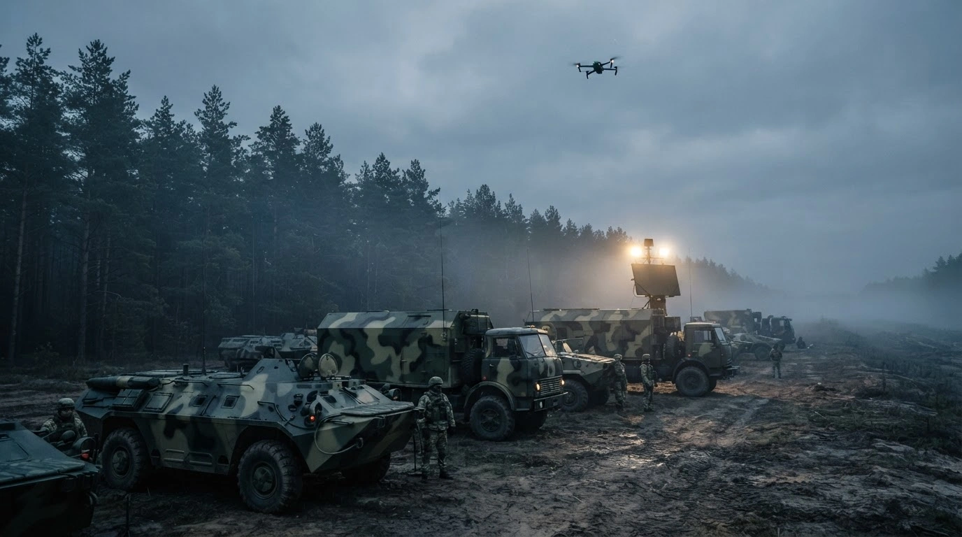 Belarusian military vehicles and radar equipment are deployed for border security exercises near the border with Poland and Lithuania.