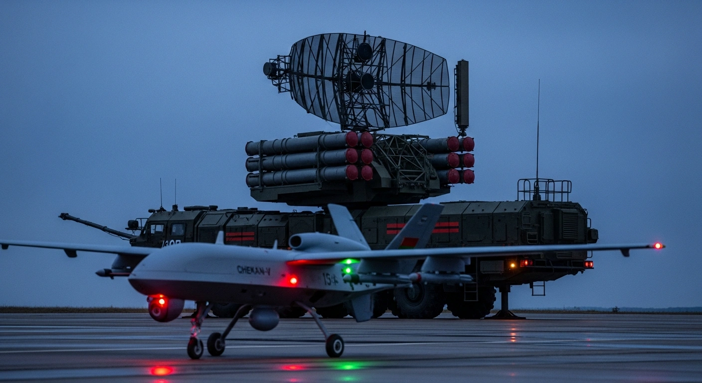A low-angle, wide shot at dusk shows a Russian Tor-M2K air defense system with its radar rotating, and a Belarusian Chekan-V drone hovering in the foreground, illustrating Belarus's military modernization and cooperation with Russia.