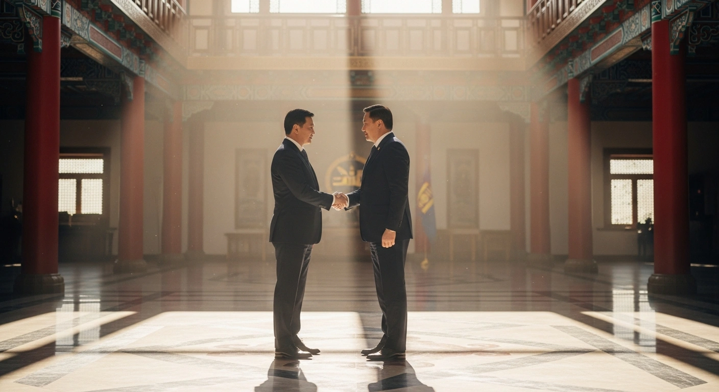 The new Ambassador of Belarus to Mongolia, Dmitry Gorelik, shakes hands with Mongolian President Ukhnaagiin Khürelsükh during a formal diplomatic meeting to discuss economic cooperation.