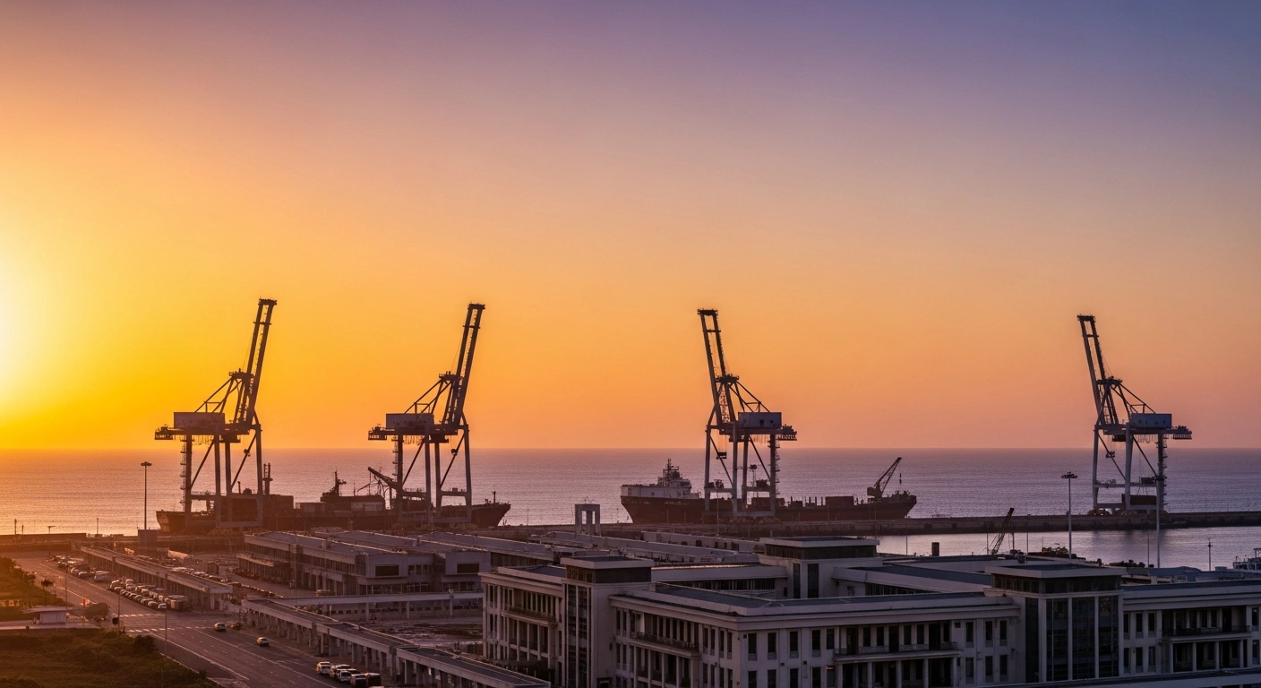 A wide, cinematic view of a modern seaport under construction on Africa's southeastern coast at dawn, featuring large cranes and new docks, symbolizing the proposed trilateral project by Belarusian President Aleksandr Lukashenko with Zimbabwe and Mozambique to establish a strategic logistical foothold and strengthen trade routes for Belarusian and Russian goods.