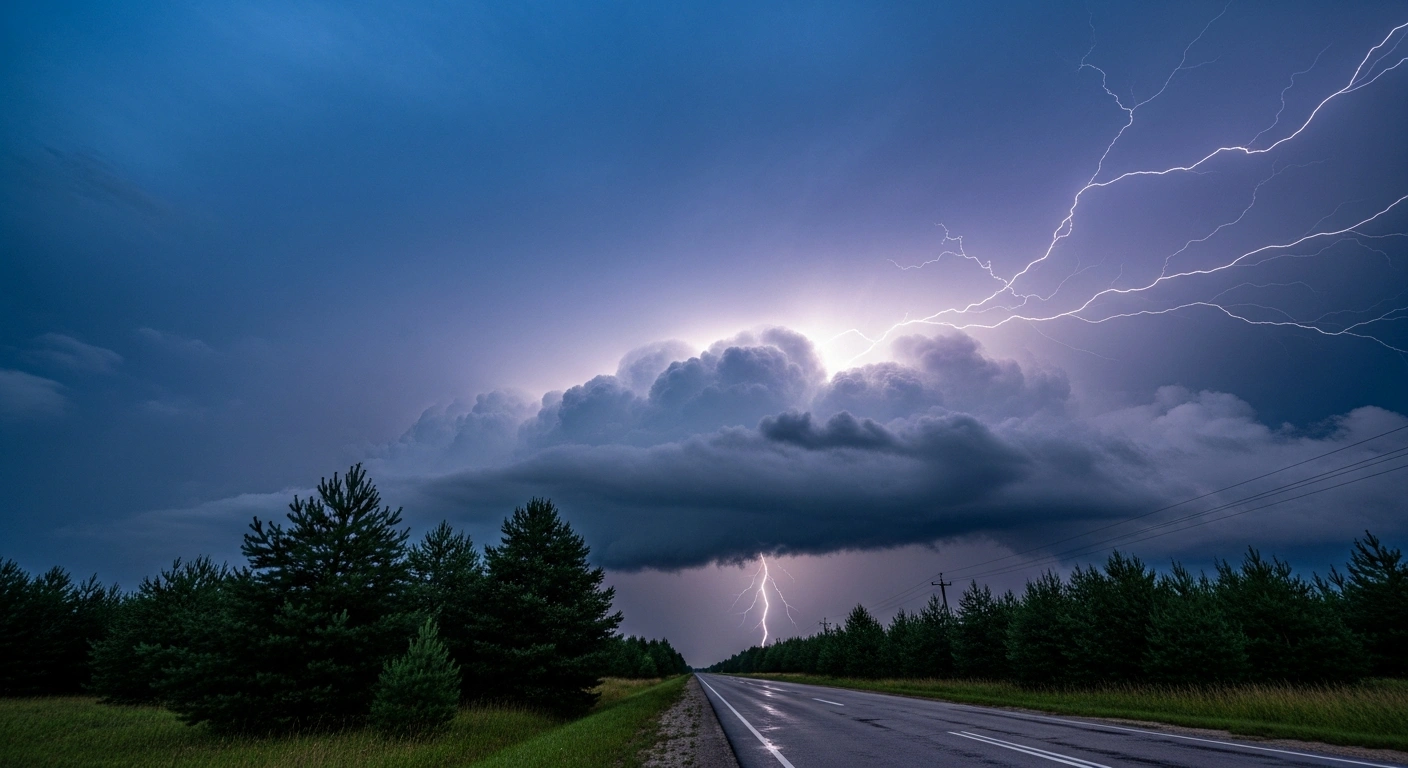 A dramatic thunderstorm with lightning strikes looms over a rural landscape in Belarus during a nationwide weather warning.