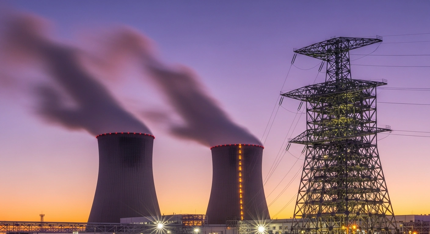A dramatic, low-angle dawn shot of the Belarusian Nuclear Power Plant in Ostrovets shows two operational cooling towers alongside the steel framework of a third power unit under construction, representing Belarus's strategic move to enhance energy independence and meet growing electricity demand.