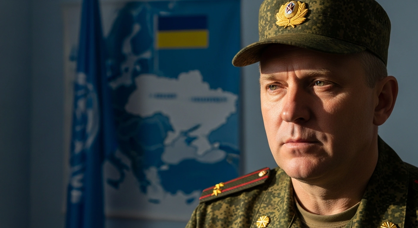 A Belarusian Armed Forces colonel, with a somber expression, stands in front of a subtly blurred United Nations flag and a map of Ukraine, symbolizing Minsk's conditional offer to deploy peacekeepers to Ukraine.