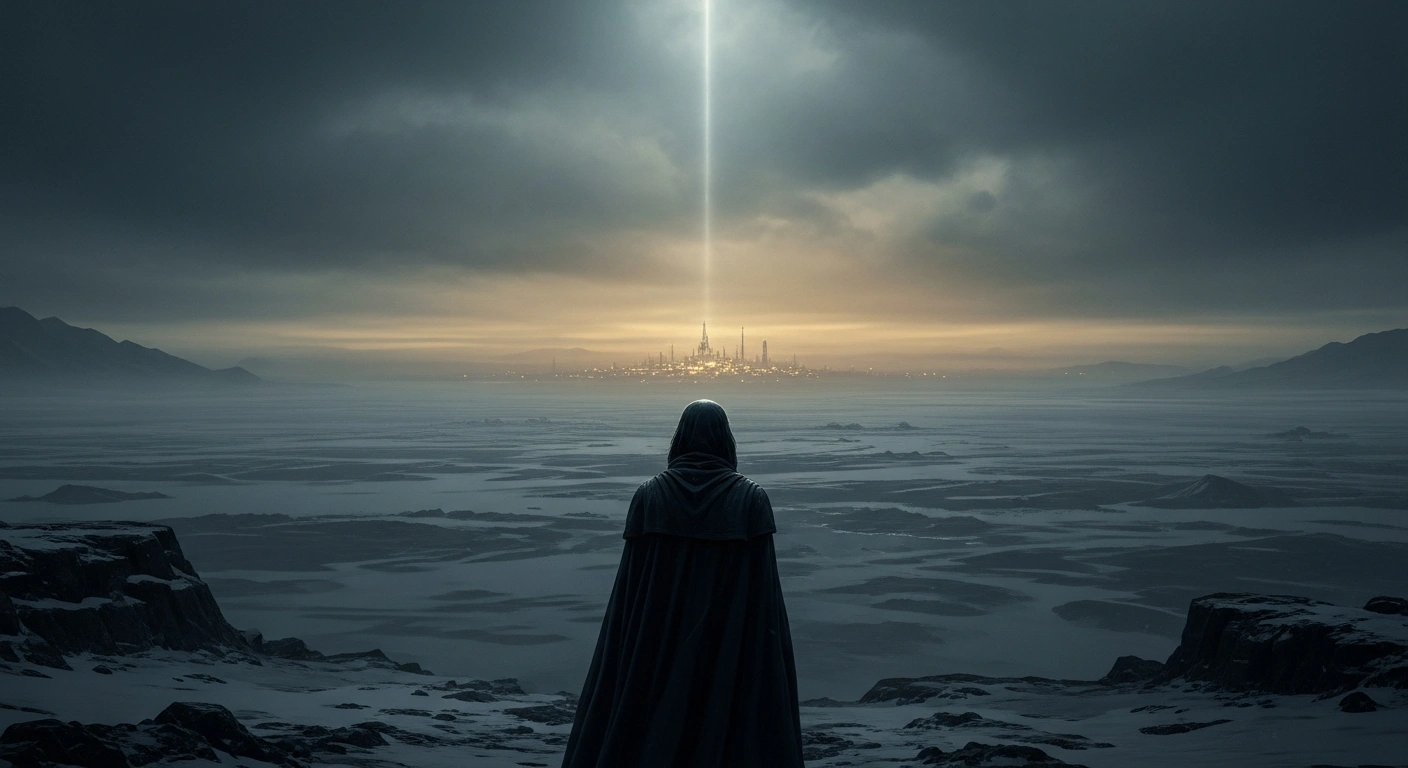 A solitary figure stands in a desolate, snow-covered landscape, gazing towards a distant, faintly lit city, symbolizing Belarus's efforts to break international isolation and seek relief from European Union sanctions imposed for human rights abuses, the Ryanair incident, and its involvement in Russia's war against Ukraine.