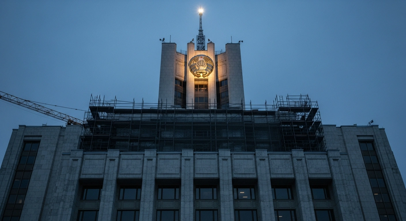 A low-angle view of a towering, brutalist-style Belarusian government facility, partially covered in scaffolding and construction netting under a pre-dawn sky, symbolizing the 571.1 million Belarusian ruble investment for the construction and reconstruction of national security infrastructure for the Ministry of Internal Affairs, Internal Troops, and the penitentiary system under the 'Ensuring Law and Order' state program.
