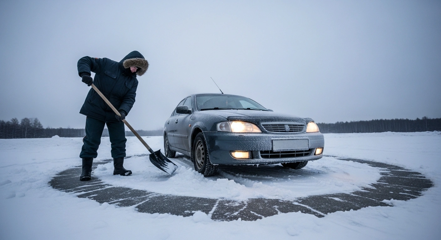 A bundled driver meticulously shovels snow from a one-meter radius around their parked car on a cold Belarusian winter morning, illustrating new regulations requiring snow clearance to avoid fines.