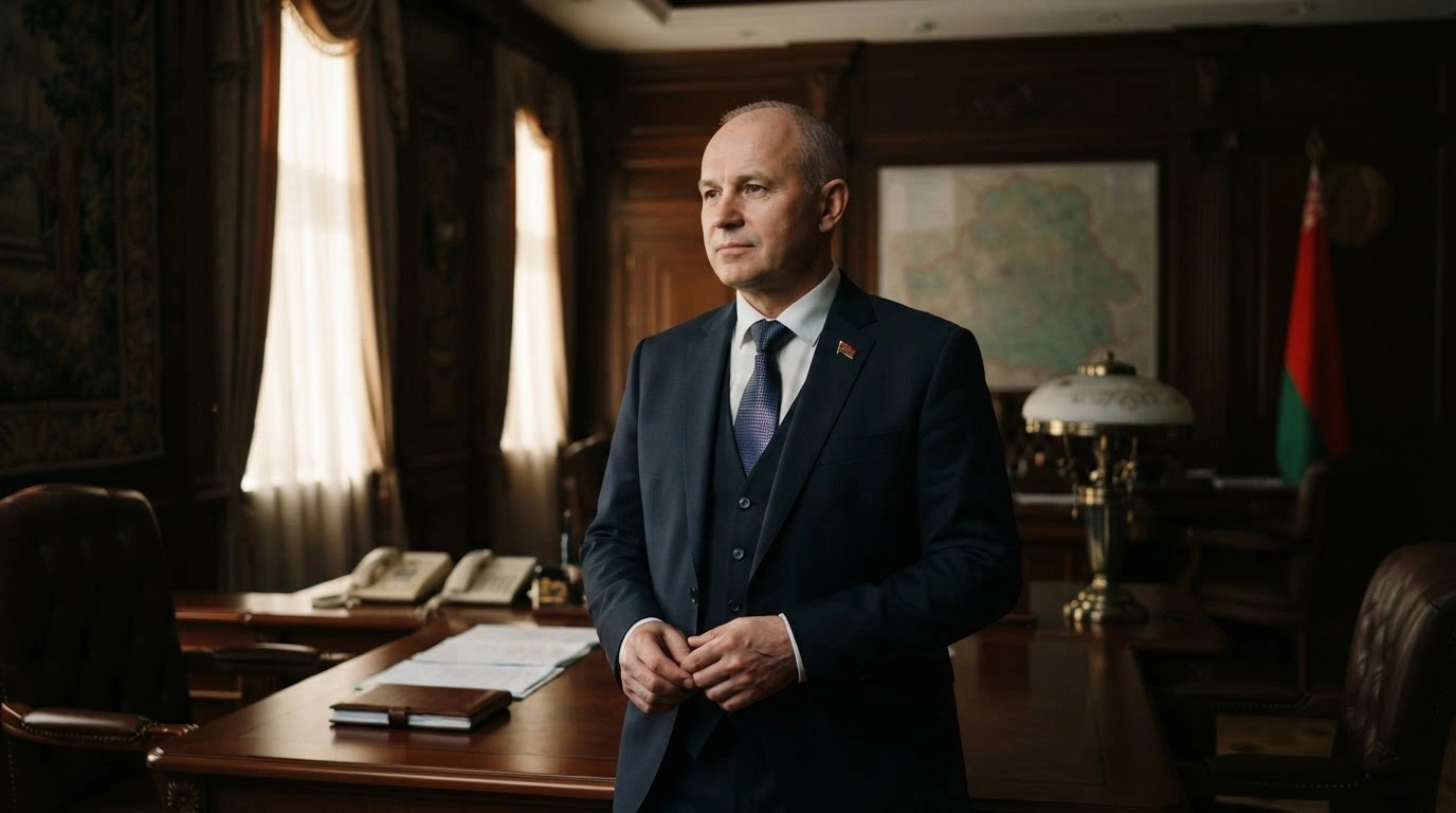 Pavel Muraveika stands in a formal government office in Belarus following his appointment by President Alexander Lukashenko to oversee strategic state projects.
