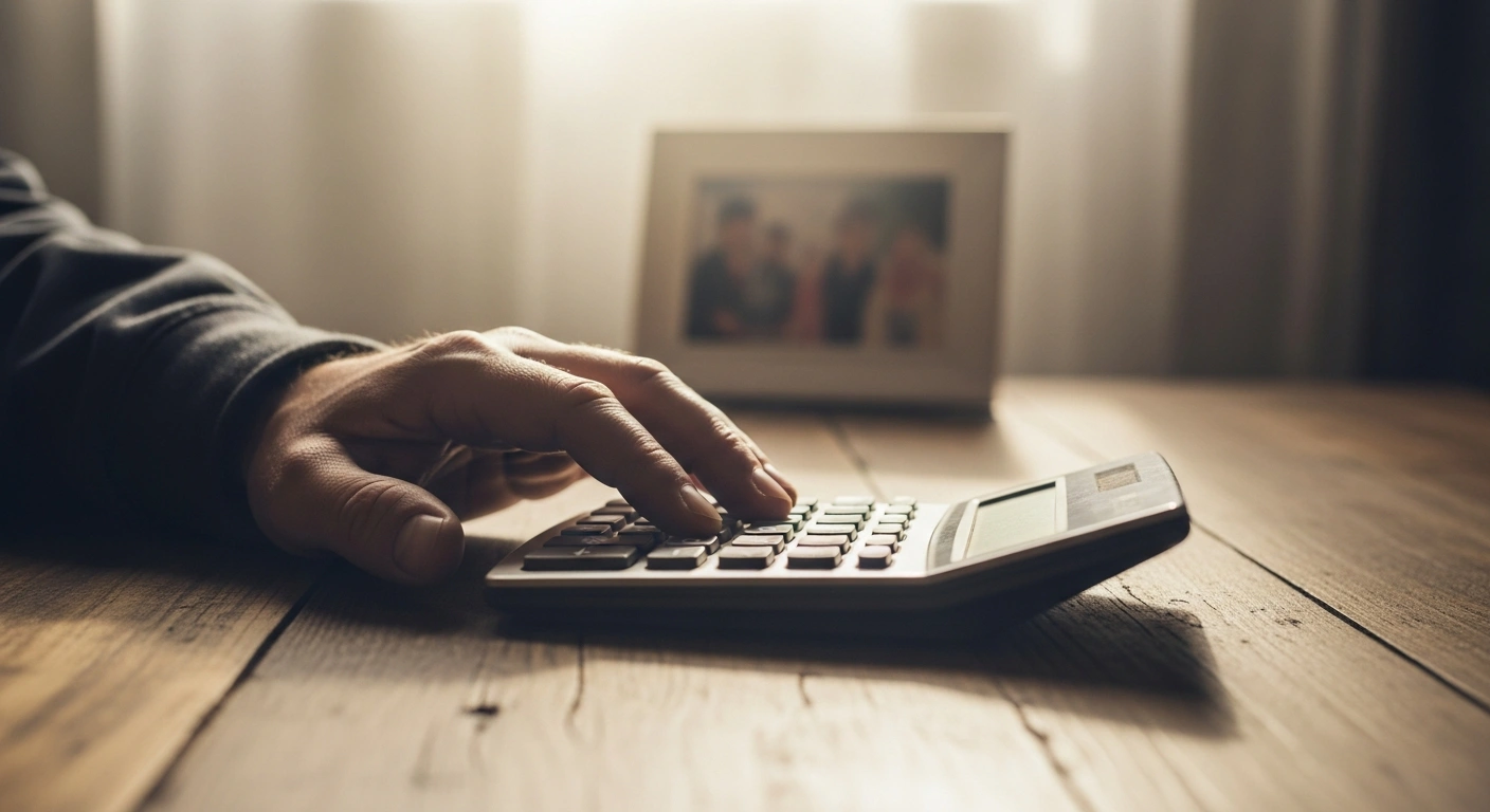 A close-up of a hand resting on a table next to a calculator, illuminated by soft light, with a blurred family photo in the background, representing the impact of Belarus's increased minimum subsistence budget on families and social payments.