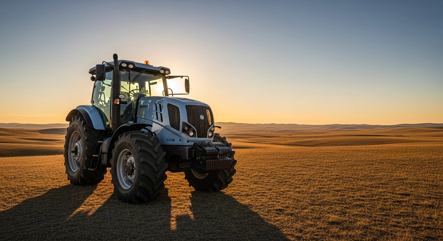 A powerful, gleaming 'Belarus' brand tractor is prominently displayed against the vast, golden steppes of Kazakhstan under a dramatic late afternoon sky, symbolizing agricultural and industrial cooperation between Belarus and Kazakhstan.