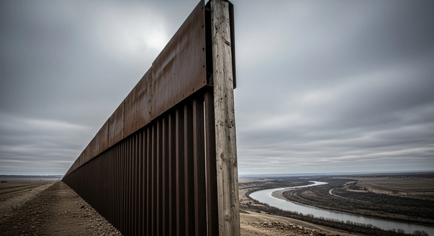 A weathered wooden border post stands starkly in a desolate, muted landscape under an overcast sky, with a winding river visible in the far distance, symbolizing the completed land demarcation between Belarus and Ukraine and the remaining riverine segments.