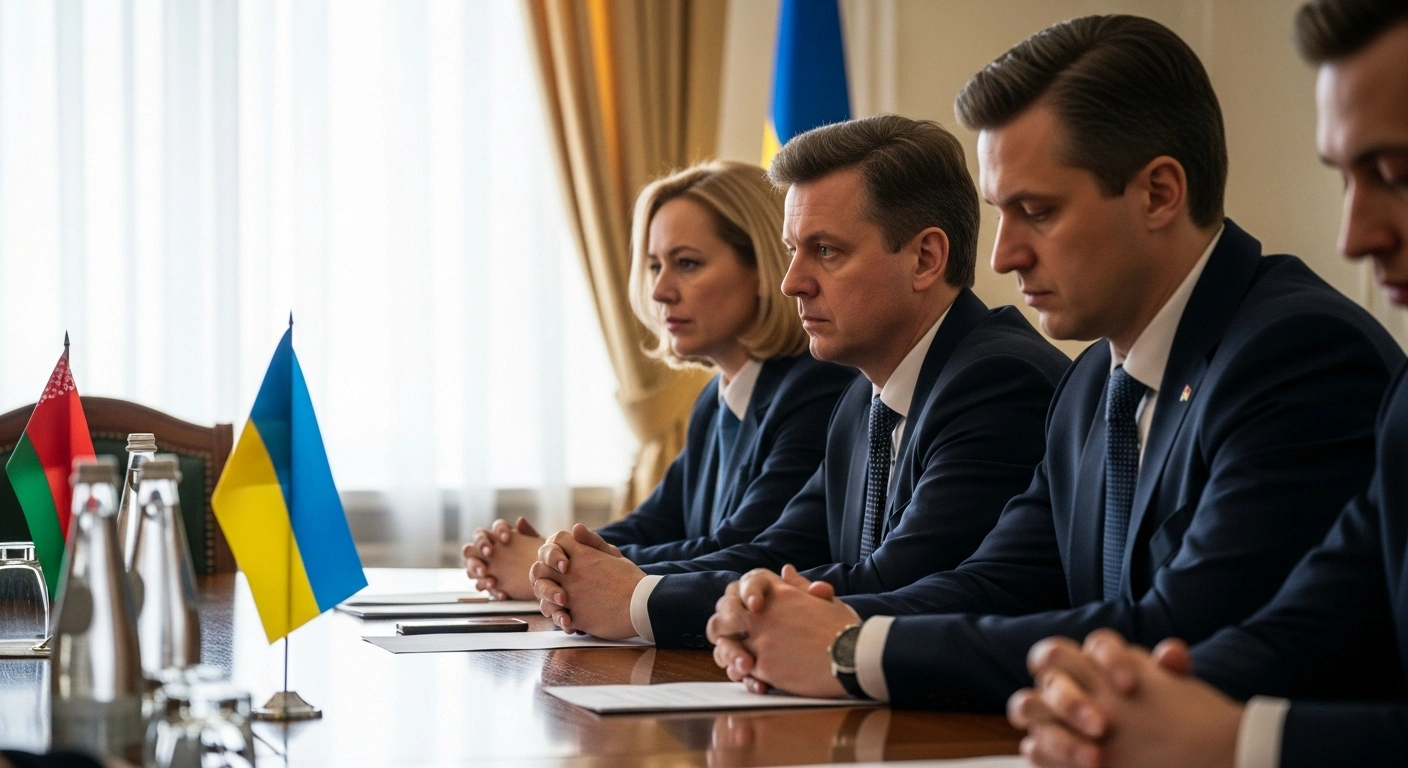 Representatives of Belarusian democratic forces, including Leanid Marozau and Volha Zazulinskaya, are shown in a focused meeting with the Secretariat of the Ukrainian Parliament Commissioner for Human Rights in Kyiv, discussing human rights and political prisoners.