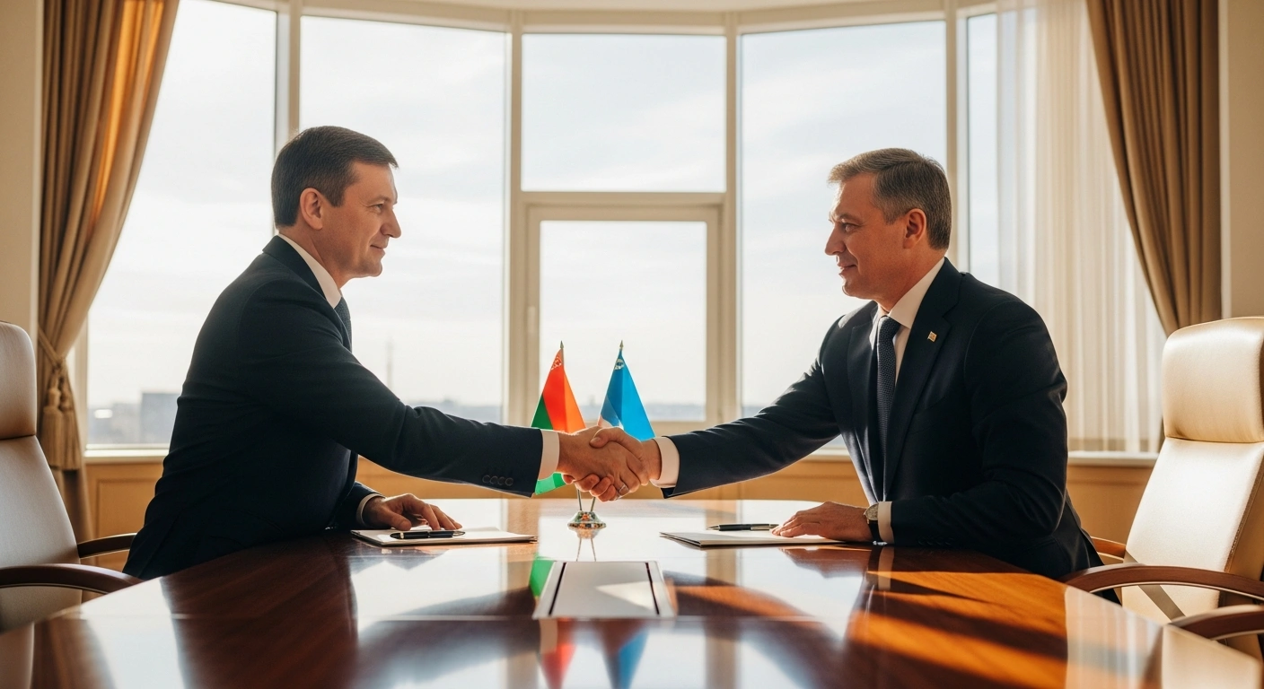 Two officials from the Gomel region of Belarus and Uzbekistan shake hands to finalize new trade and scientific cooperation agreements during a regional forum in Minsk.