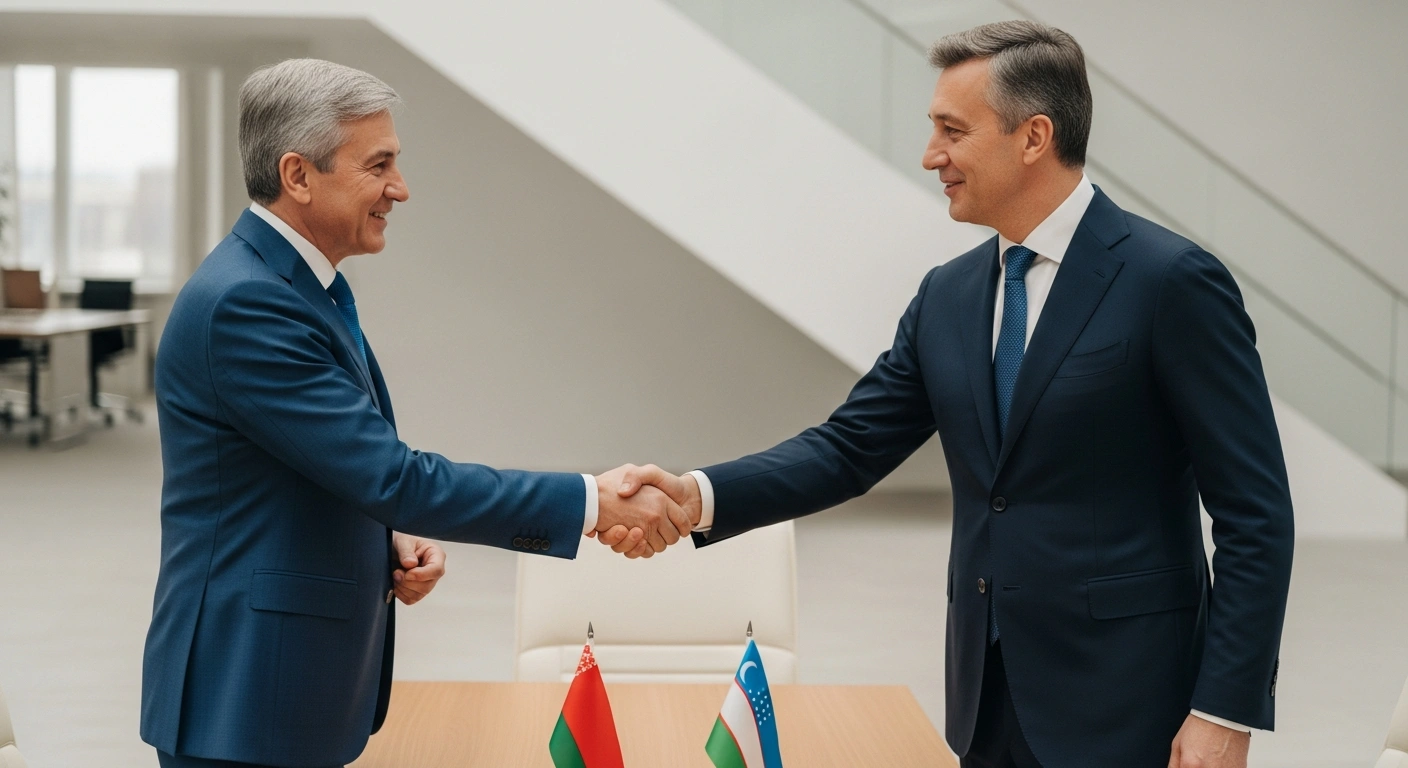 Two diplomats shake hands in a modern office to symbolize the new bilateral migration management agreement between Belarus and Uzbekistan.