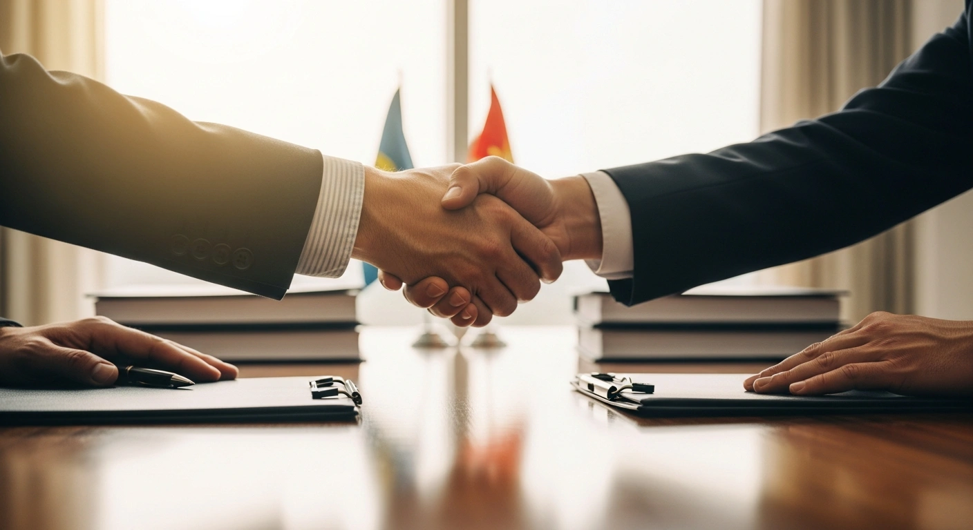 Two hands shaking over a conference table with official documents, symbolizing the signing of nearly $110 million in contracts between a Belarusian government delegation and Uzbekistan, aiming to boost bilateral trade to $2 billion by 2030.