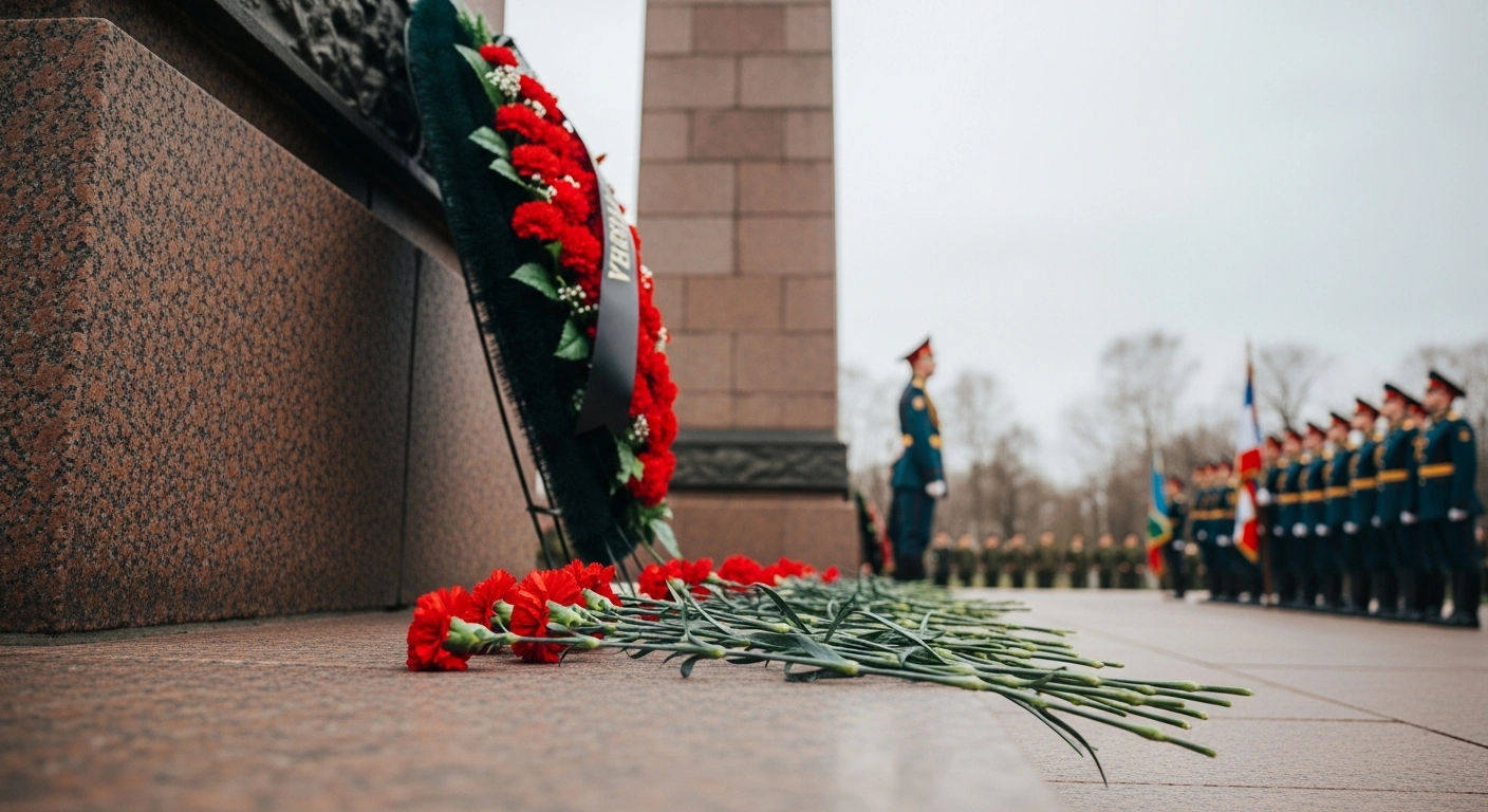 A solemn wreath-laying ceremony takes place at a Belarusian war memorial to honor the Soviet victory in World War II.