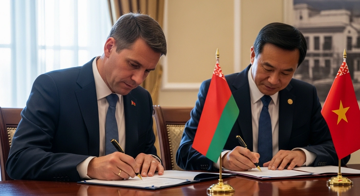 Belarusian Internal Affairs Minister Ivan Kubrakov and a Vietnamese official are captured in a formal medium shot, signing a memorandum of understanding on law enforcement cooperation, symbolizing their joint efforts against transnational crime and cybercrime.