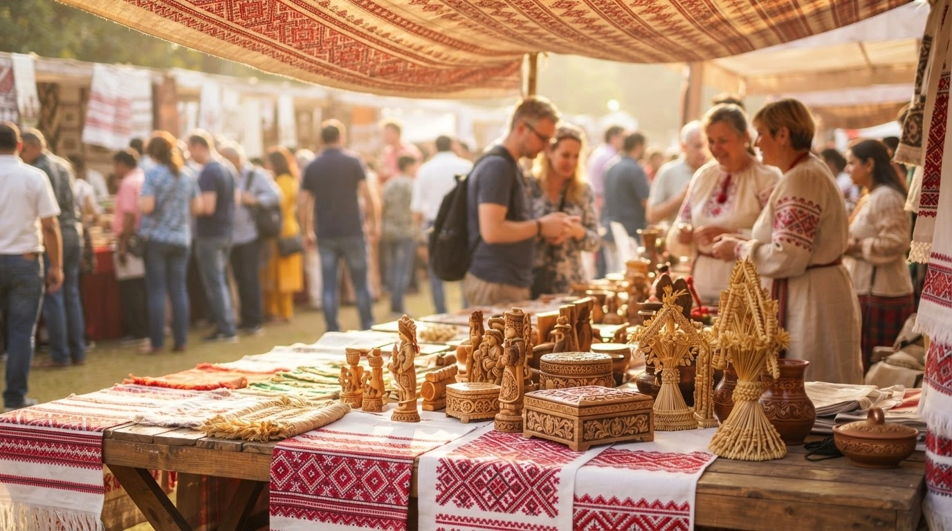 Belarusian artisans display traditional handmade crafts and folk art at the BRICS Bazaar in New Delhi to promote cultural exchange.