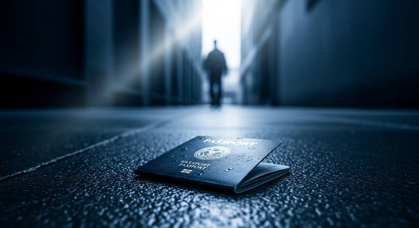 A discarded passport lies on a wet city street, representing the statelessness of Belarusian political dissidents living in exile.