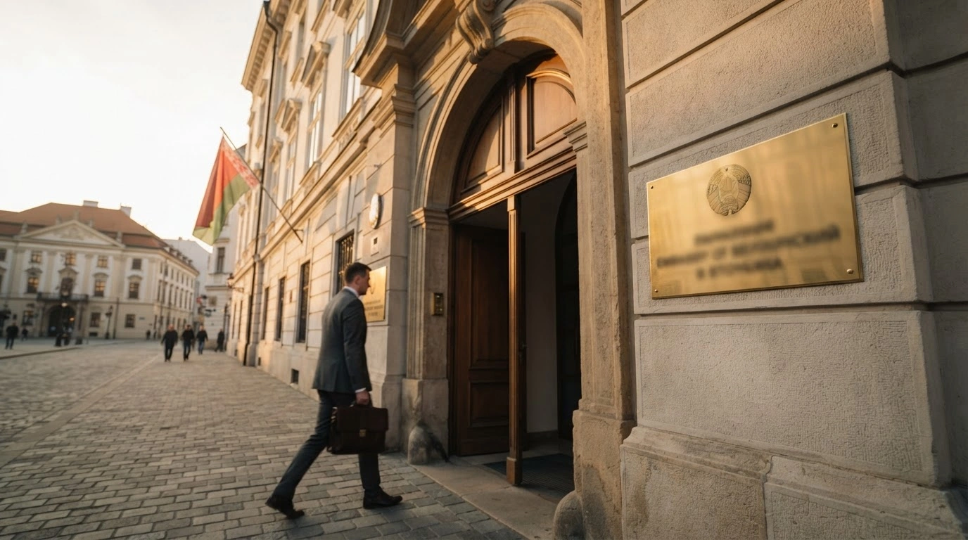 The Belarusian embassy building in Bratislava stands open and active as diplomatic operations resume after a three-year closure.