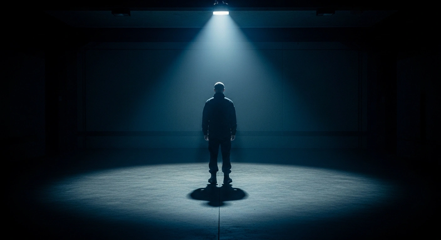 A lone figure stands in a stark, cold room with harsh overhead lighting casting long shadows, symbolizing the mass arrests by Belarusian authorities of individuals linked to the independent Telegram channel 'Belarusian Hajun' for allegedly facilitating extremist activity after a data breach related to tracking Russian troop movements.