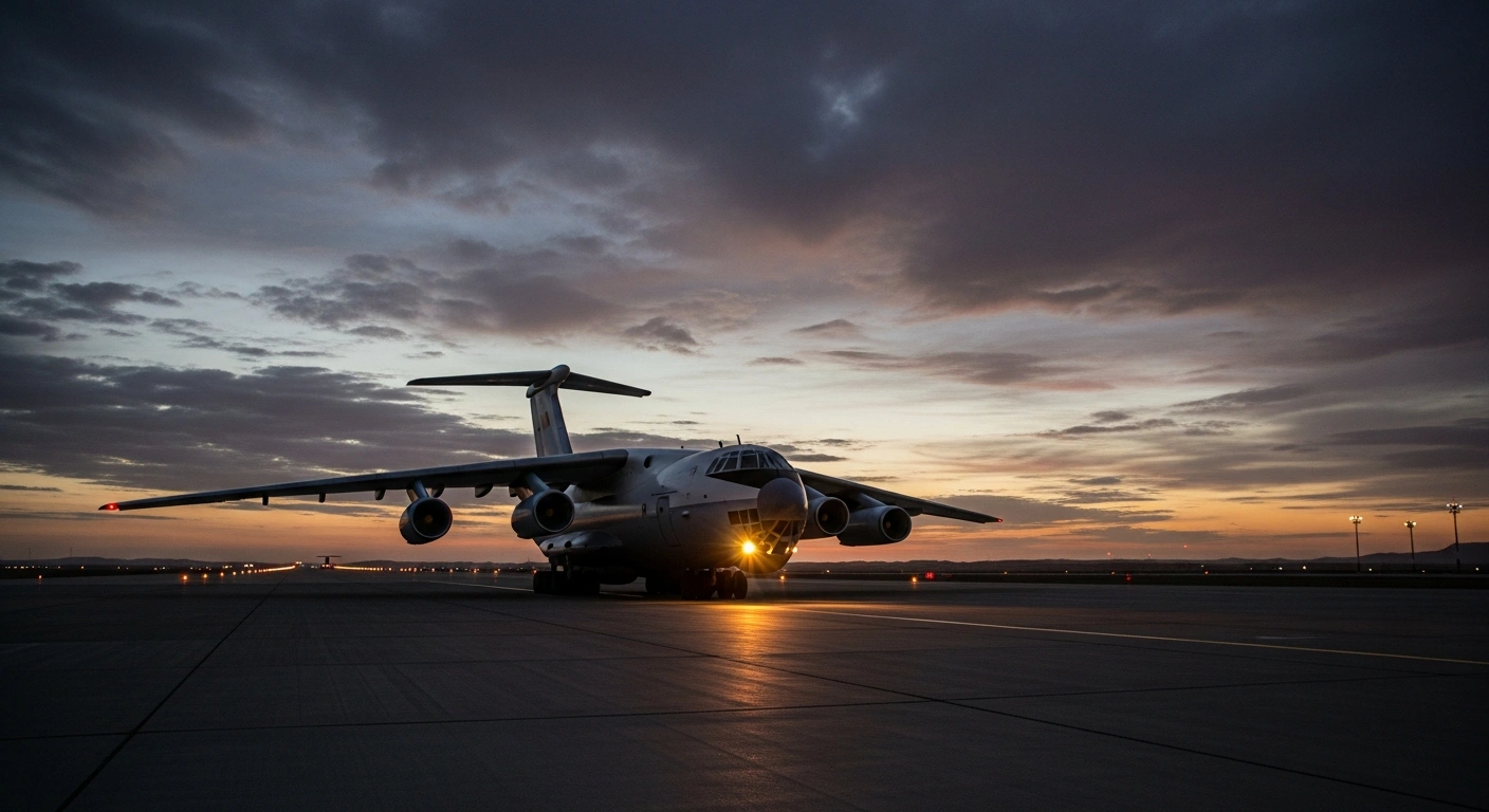 A large Belarusian Il-76 military transport aircraft is parked on a tarmac at twilight, representing the recent landings in Tehran carrying military cargo of Russian and Chinese origin, amidst growing military cooperation with Iran.