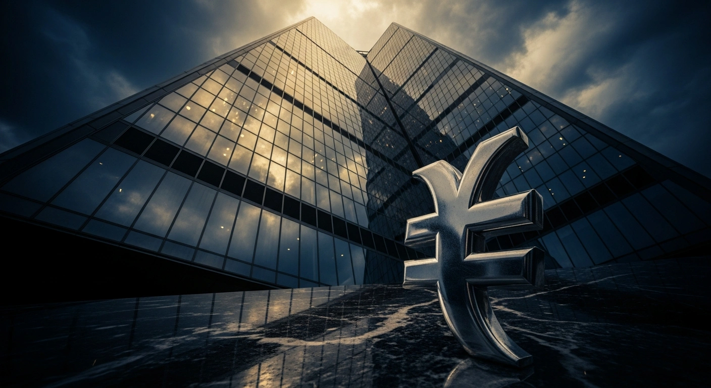 A symbolic representation of the Belarusian ruble facing economic volatility against the backdrop of a modern financial district.