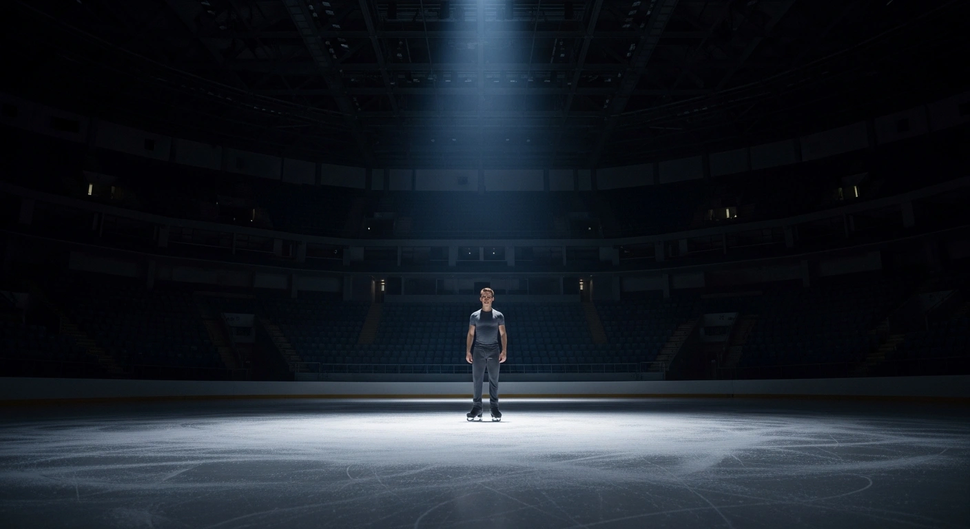 A lone figure skater in a neutral grey outfit stands on the ice in a large, empty arena following the International Skating Union's decision to allow Belarusian athletes to compete as neutrals.