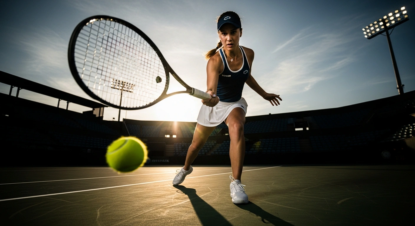 A Belarusian female tennis player, representing Yuliya Hatouka and Aliona Falei, is captured in a dynamic, low-angle shot mid-powerful forehand on a sun-drenched court, symbolizing their strong performances in recent ITF tournaments, where Hatouka reached the semifinals and Falei the quarterfinals.
