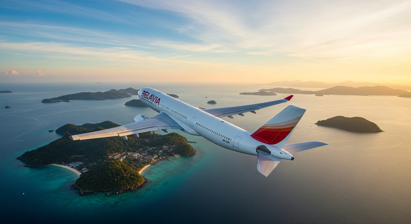 A Belavia Belarusian Airlines Airbus A330-200 aircraft, subtly displaying its livery, soars over the Andaman Sea and lush islands of Thailand at sunset, symbolizing the new direct flights from Minsk to Pattaya and Phuket and boosting tourism between Belarus and Thailand.
