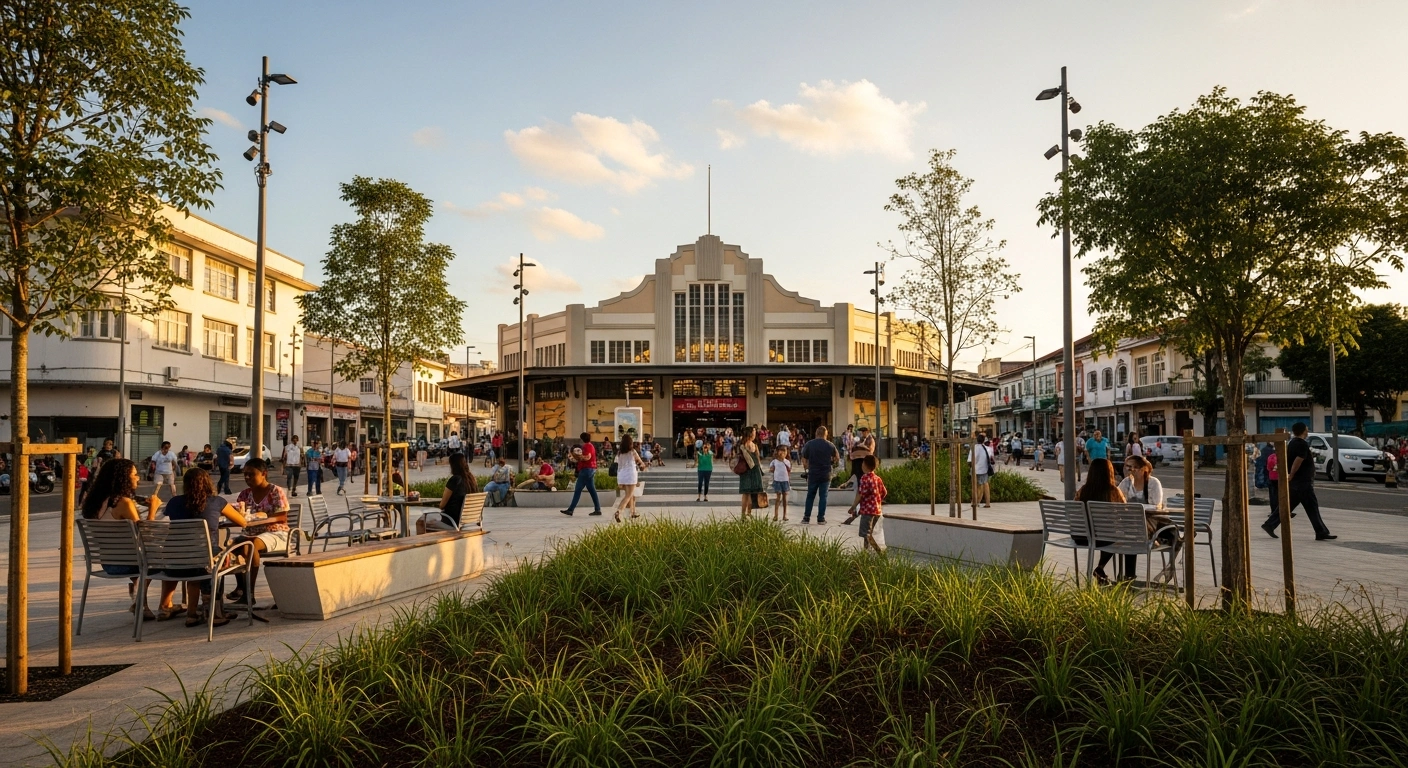 A wide, low-angle shot of a newly renovated public square in Belém, Brazil, featuring modern urban furniture, lush landscaping, and a historic market building, with people enjoying the revitalized space under a golden afternoon sky, symbolizing the city's urban renewal and infrastructure upgrades in preparation for the COP30 climate summit.