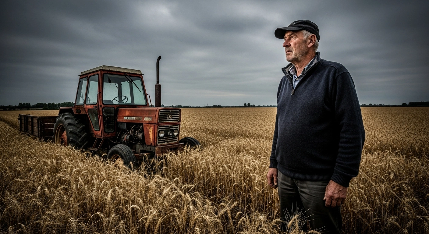 A concerned Belgian farmer stands in a field next to an idle tractor, representing the financial strain caused by surging fertilizer prices and global supply chain issues.