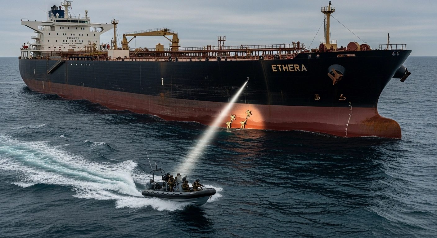 Belgian special forces in a rigid-hulled inflatable boat approach the large oil tanker 'Ethera' in the choppy North Sea under the beam of a searchlight, representing the seizure of the vessel suspected of circumventing sanctions.