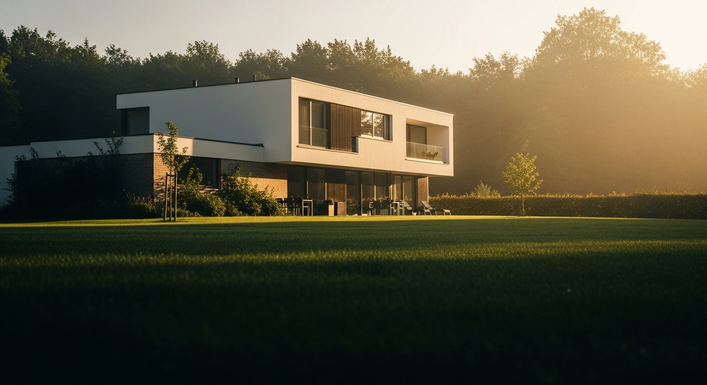 A modern Belgian secondary residence stands in a peaceful landscape as the European Court of Justice rules against discriminatory taxes on non-resident property owners.