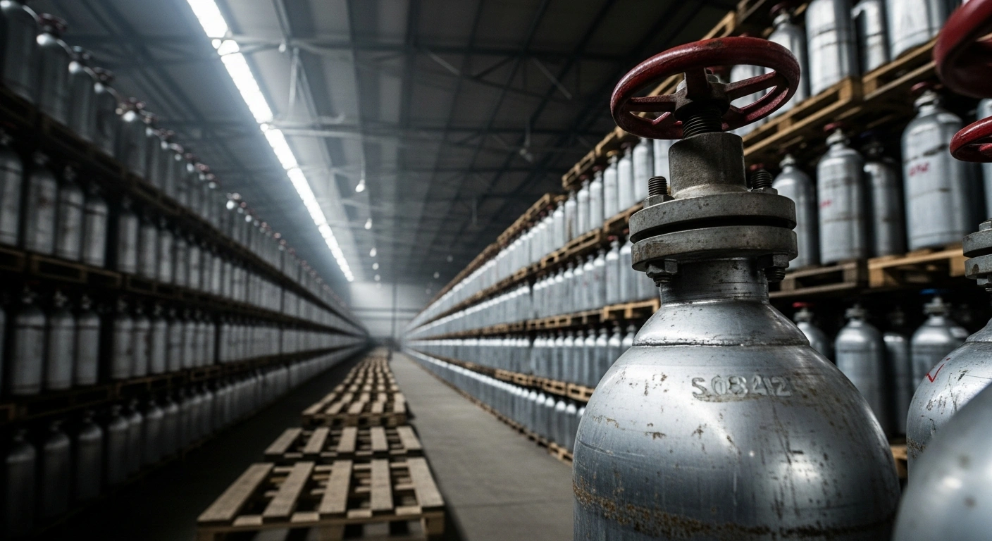 Rows of confiscated R134a refrigerant cylinders are stored in a warehouse for a Belgian government auction.